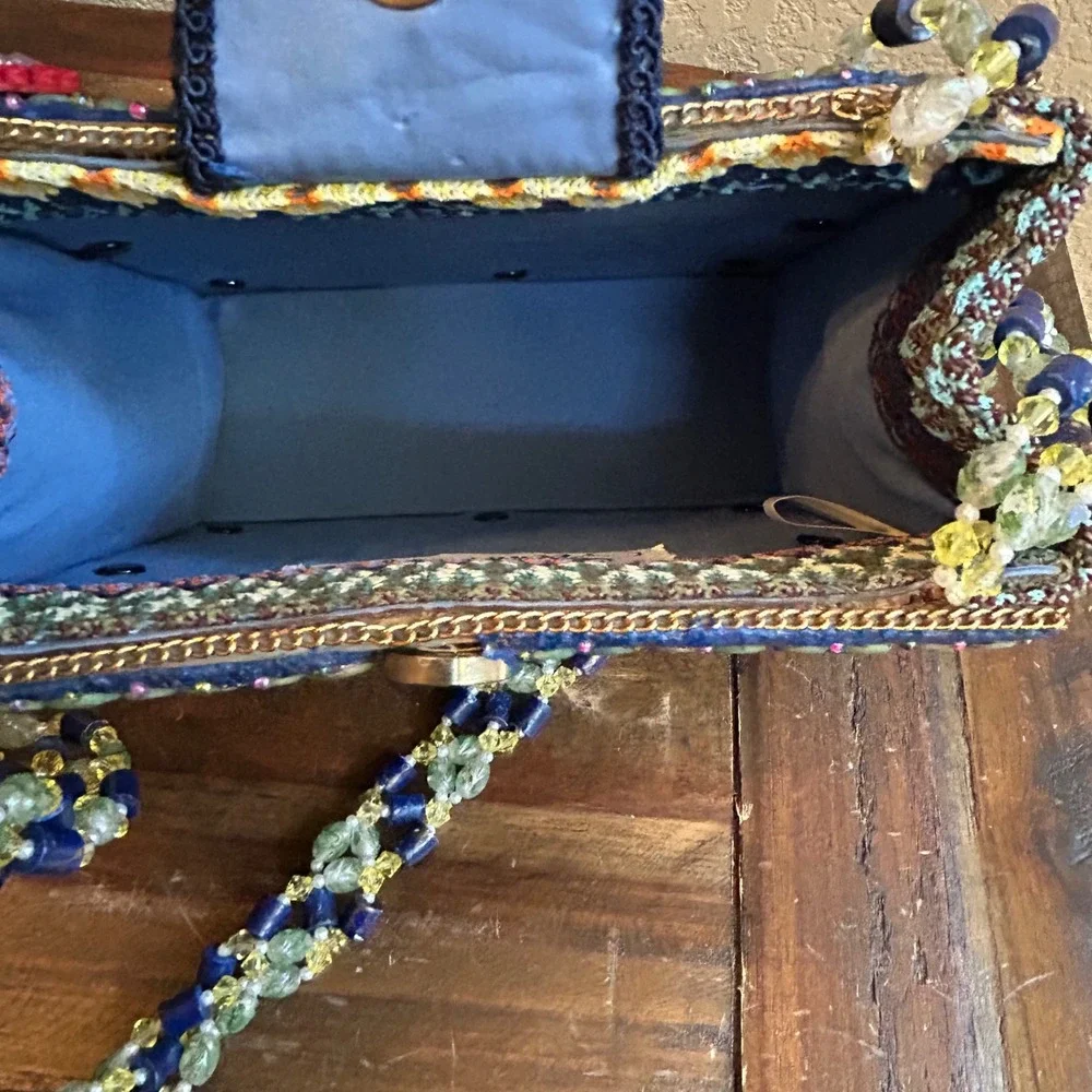 Mary Frances Beaded Box Crossbody Bag Floral Guitar Art Handcrafted Purse